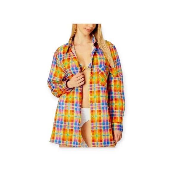 Oversized Rainbow Plaid Button-Up Dad Shirt XL by WeWoreWhat - Picture 11 of 11